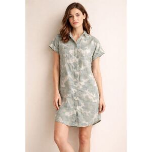 C&C California Linen Camo Shirt Dress XS Green Button Front